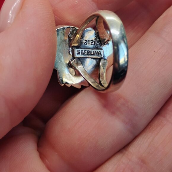 Southwest Sterling Silver Pink Conch Shell Ring w/Flowers Feathers Size 7 - Picture 5 of 6